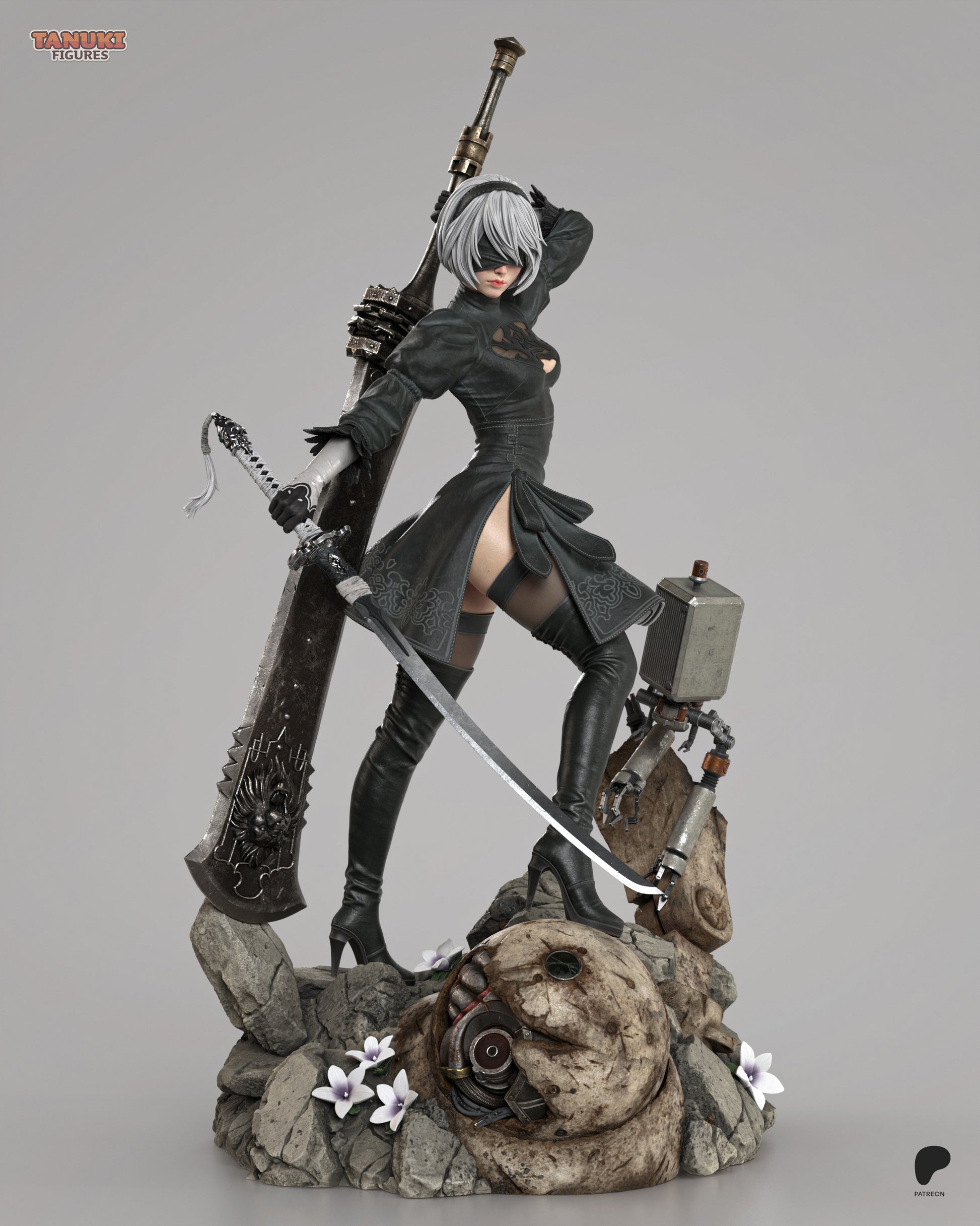 Alternate full view of 2B painted model in her signature outfit, holding her sword and accompanied by Pod 042 on a scenic ruined base with machine head and lilies.