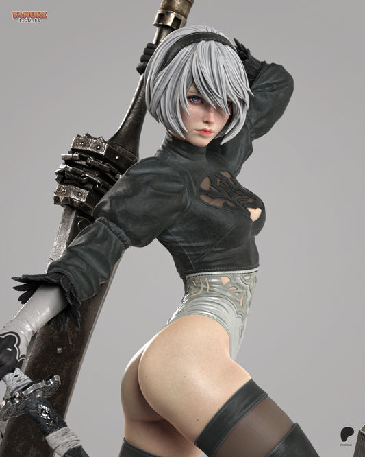 NSFW variant of 2B’s full-body figure, showing her in underwear and thigh-high stockings while posed with sword and base.
