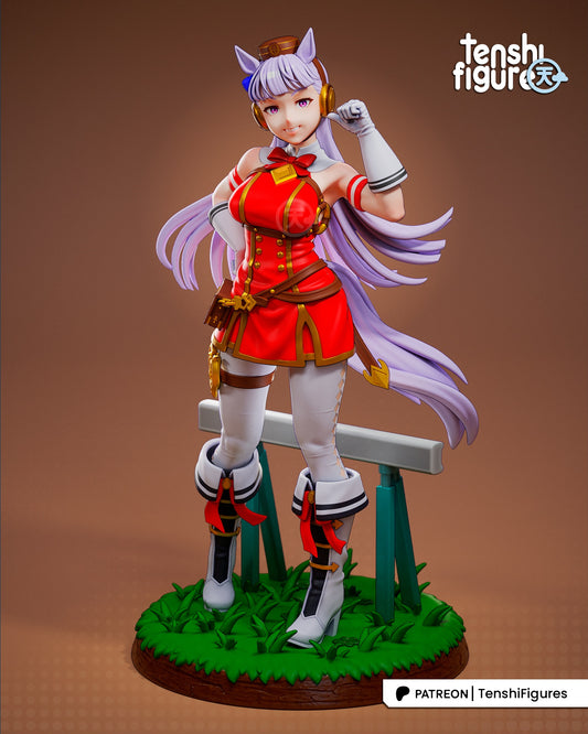 Goldship Umamusume 1:7 scale collectible figure front view with red racing outfit, long lavender hair, horse ears, and grassy racetrack base with barrier