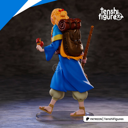 Marcille Donato Delicious in Dungeon rear view 1:7 scale figure showing backpack rolled bedroll cloak and braided hair anime collectible