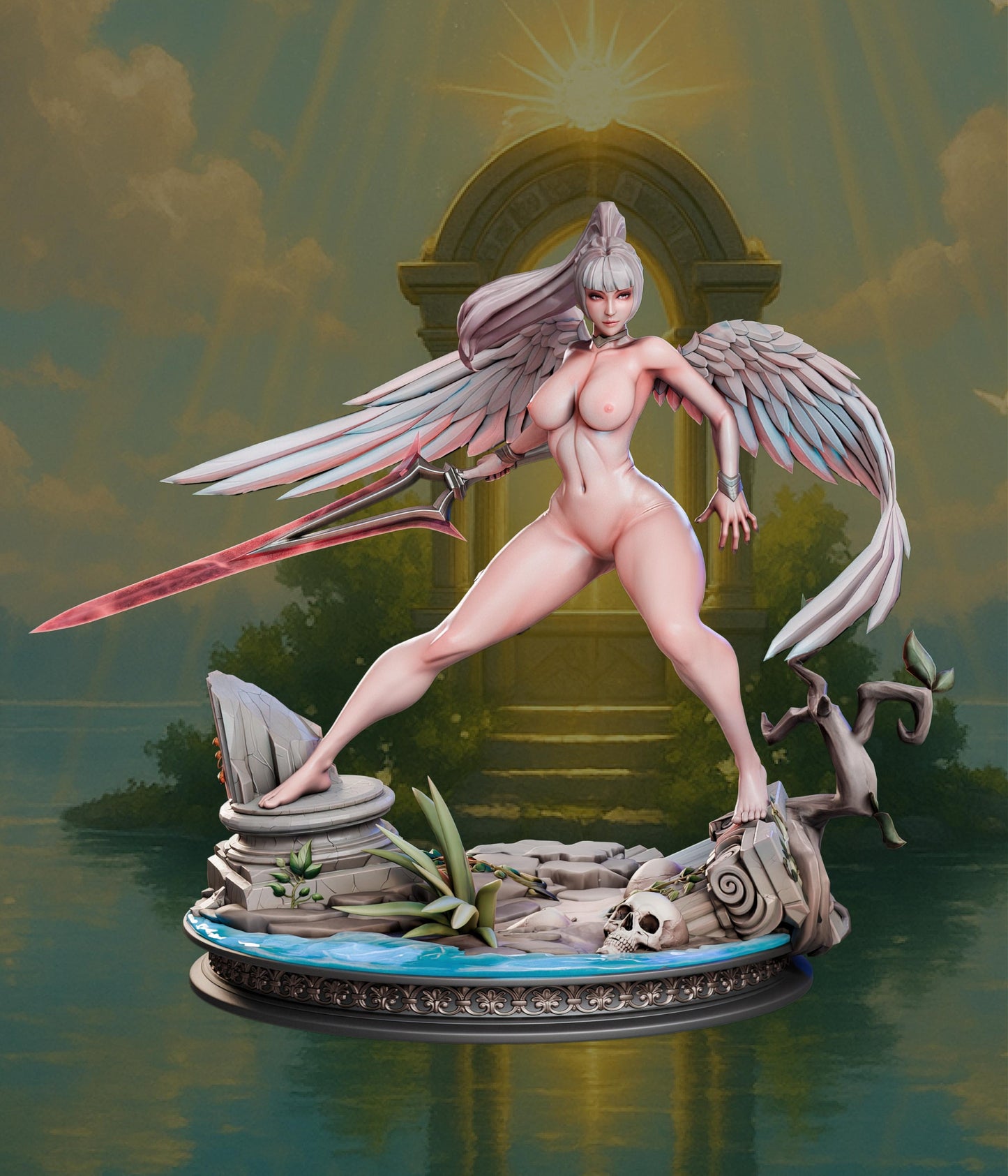 Kaelyn Radiantheart nude full figure with wings and sword, Aasimar Fighter collectible display model.