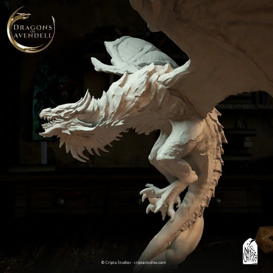 Elder Dragon figurine side profile, showing fierce facial features and powerful wing span, poised for a TTRPG adventure.