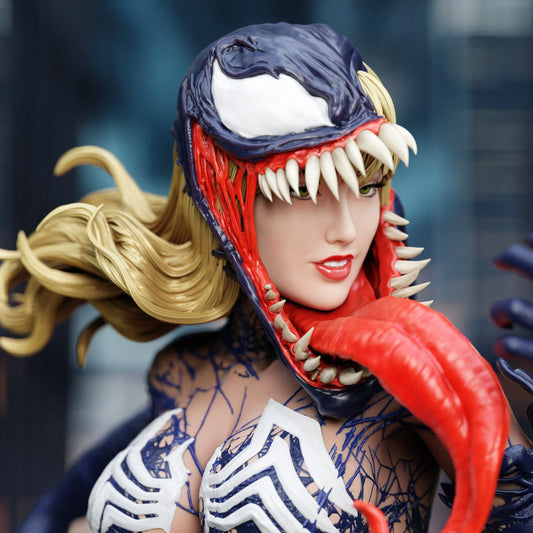 Close-up of Gwenom 1:4 scale collectible figure from Marvel Comics, showing detailed face, sharp fangs, extended tongue, and intricate web-like symbiote design.
