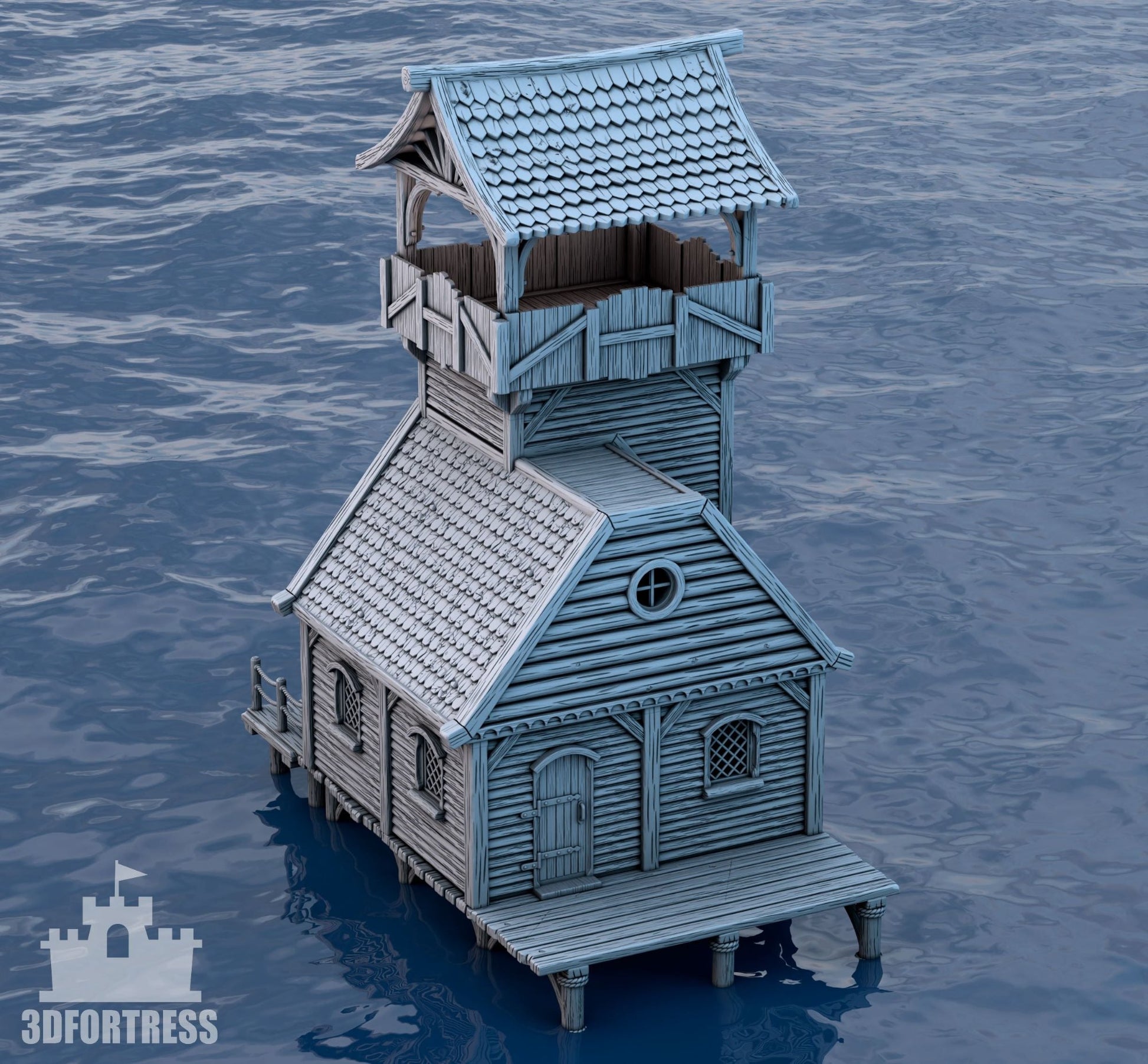 A detailed view of the Medieval Village on the Coast House 3, showcasing a multi-tiered structure with a watchtower and wooden shingles.