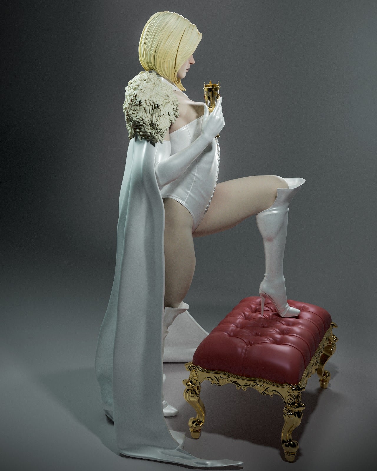 Emma Frost standing confidently with raised knee and stern gaze, wearing white outfit and cape, with golden goblet in hand.