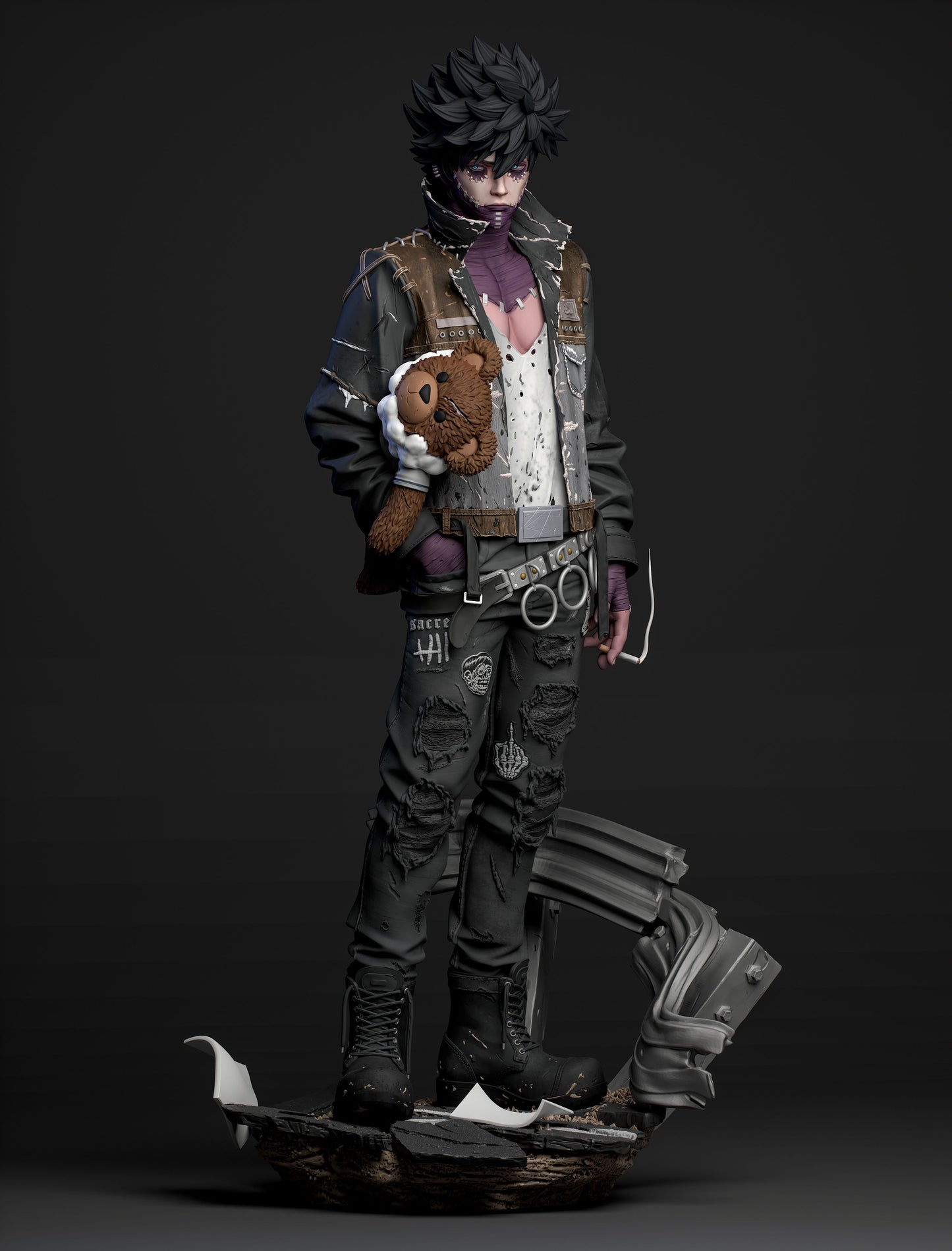 Full-body view of Dabi standing with a teddy bear in one hand, wearing torn and patched clothing, metal belt details, and surrounded by a broken, dark base.