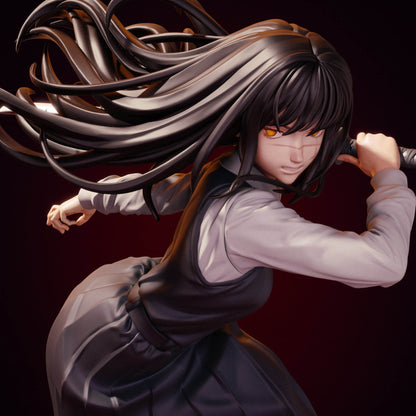 Asa Mitaka Chainsaw Man figure close-up showing determined expression with flowing hair and sword held behind her