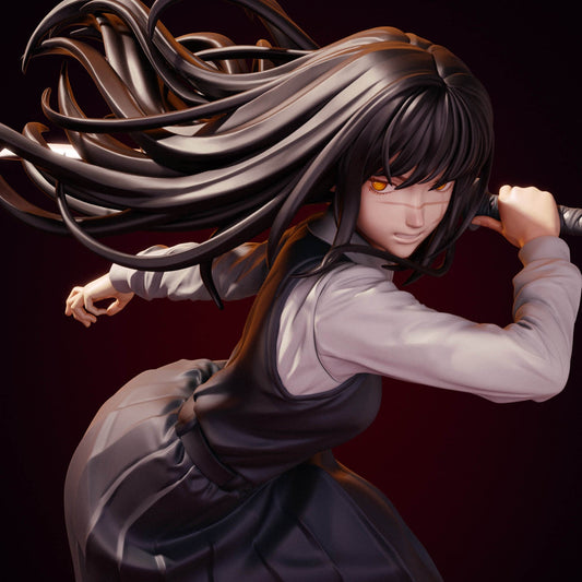 Asa Mitaka Chainsaw Man figure close-up showing determined expression with flowing hair and sword held behind her