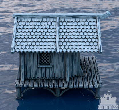 A back view of a small medieval house on stilts with hexagonal roof tiles, ideal for creating immersive RPG environments.