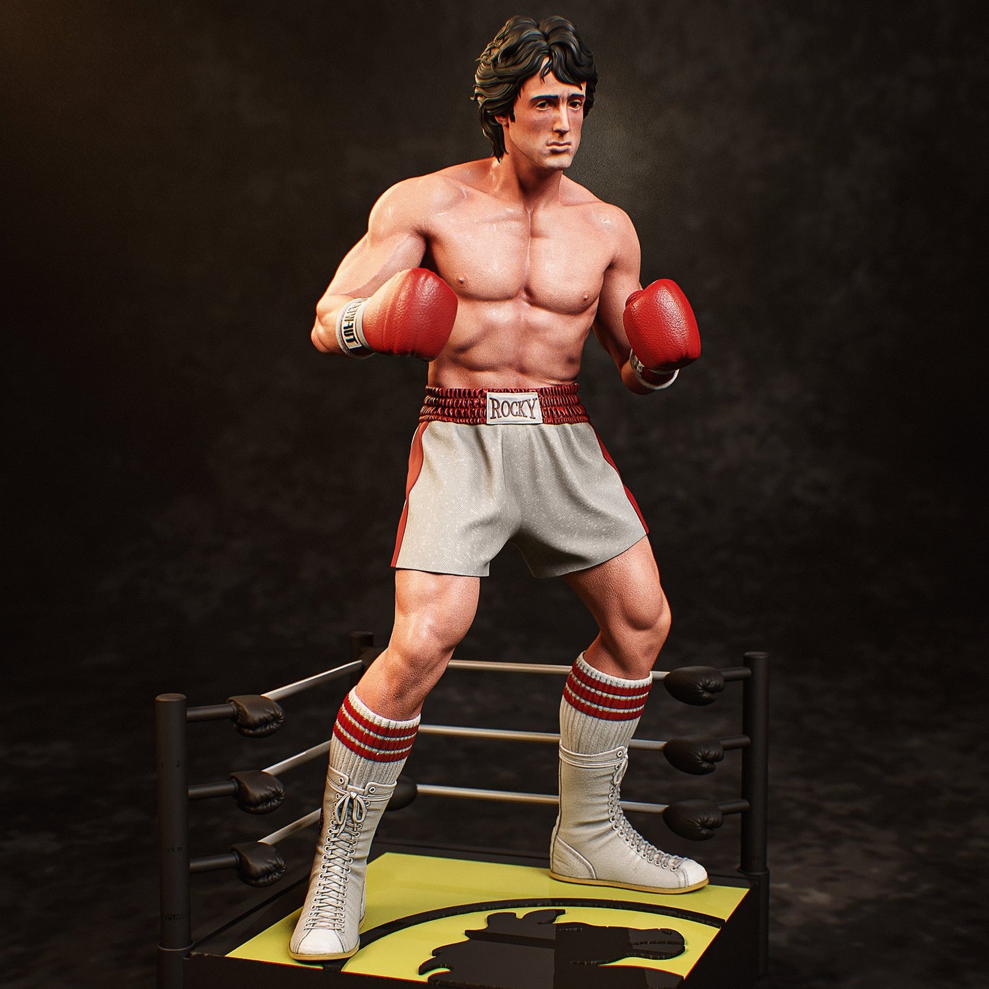 Rocky Balboa 1:6 scale collectible figure standing in boxing ring with red gloves and white shorts.