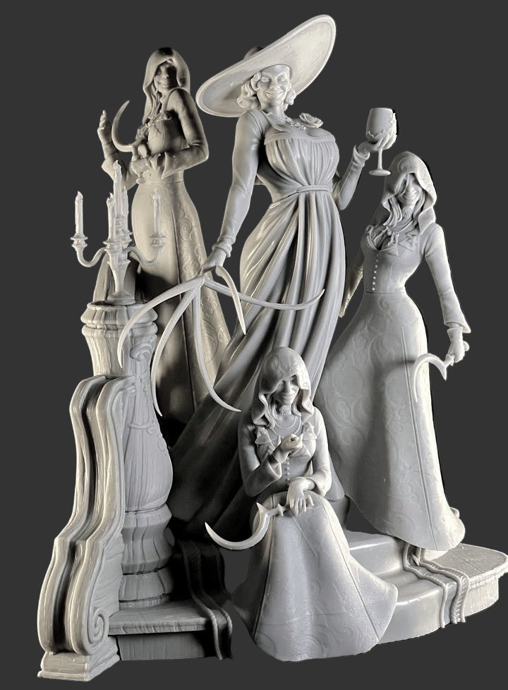 Lady Dimitrescu and Sisters Resident Evil 1:6 scale statue unpainted version showing Lady Dimitrescu with wide brim hat, long claws, daughters with scythes, and ornate staircase base.