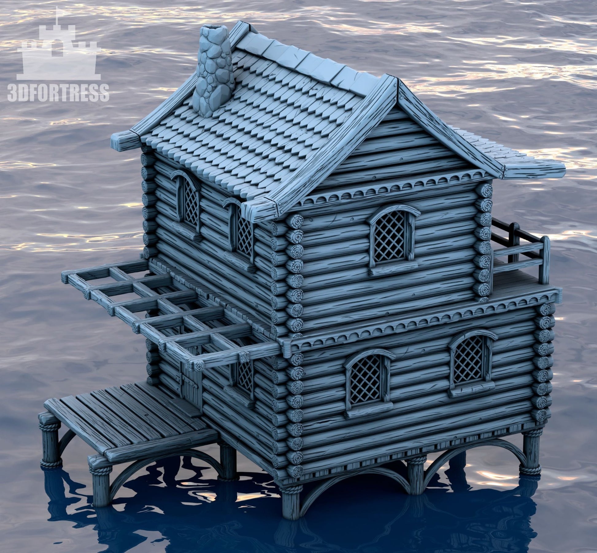 Two-story medieval village house miniature with a detailed log construction, chimney, and elevated platform on a water base.