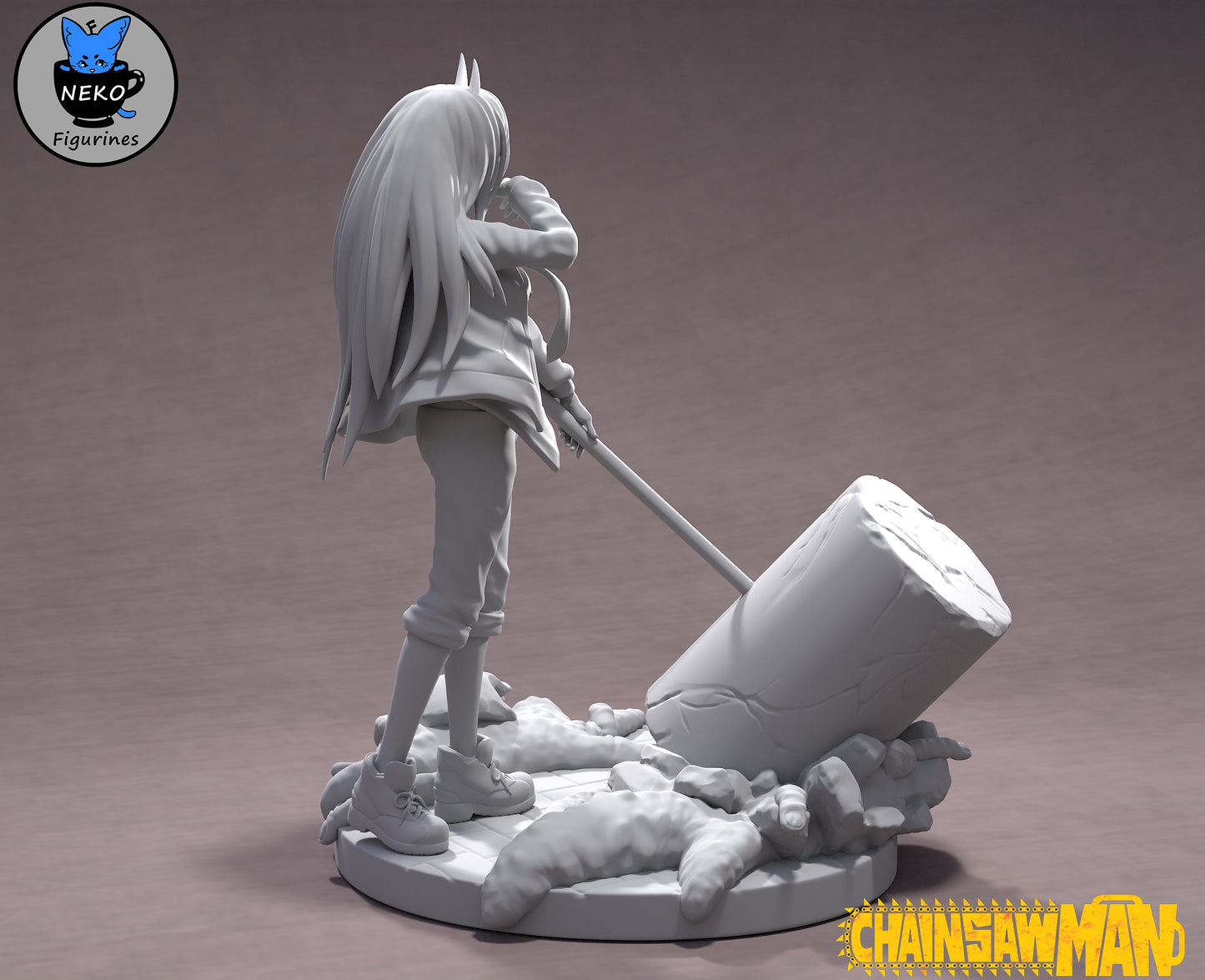 Rear shot of Power figure holding her weapon, long hair flowing down her back, hammer embedded in defeated fiends.