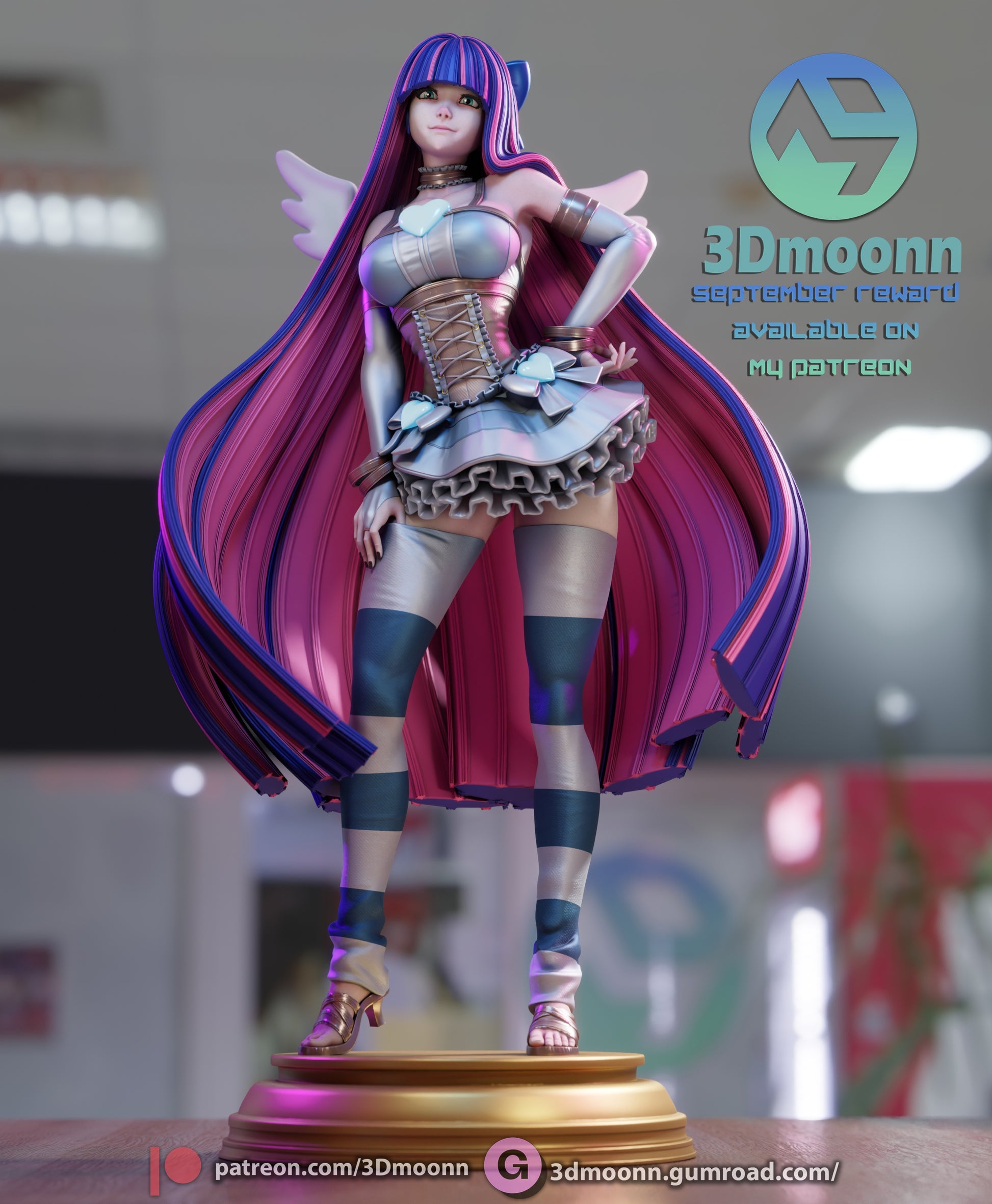 Stocking Panty and Stocking with Garterbelt 1:6 scale figure fully painted in gothic lolita dress with striped stockings and detailed wings on round base.