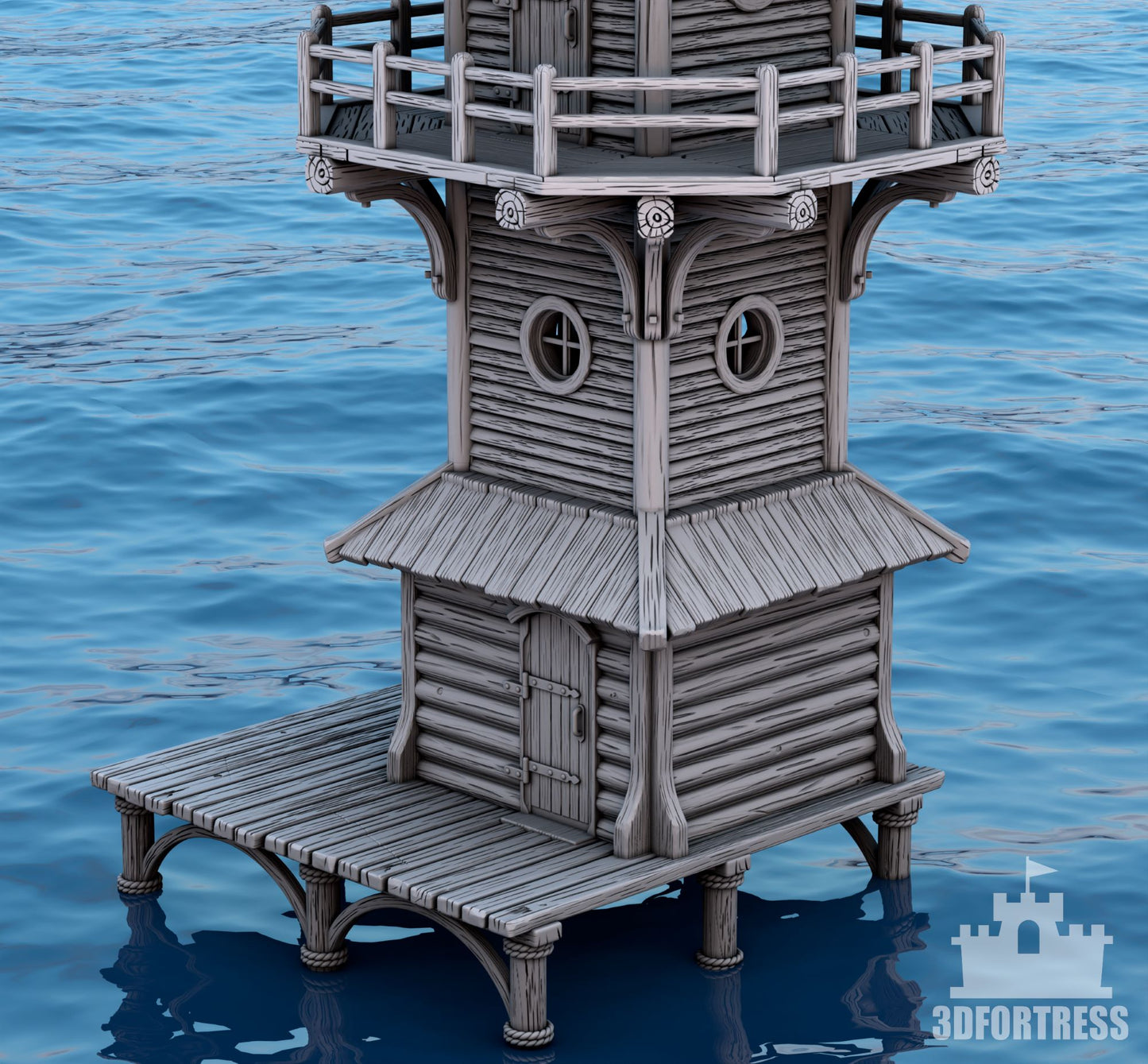 Lower level of a wooden lighthouse showing an entrance door, circular windows, and detailed wood textures on a platform over water.