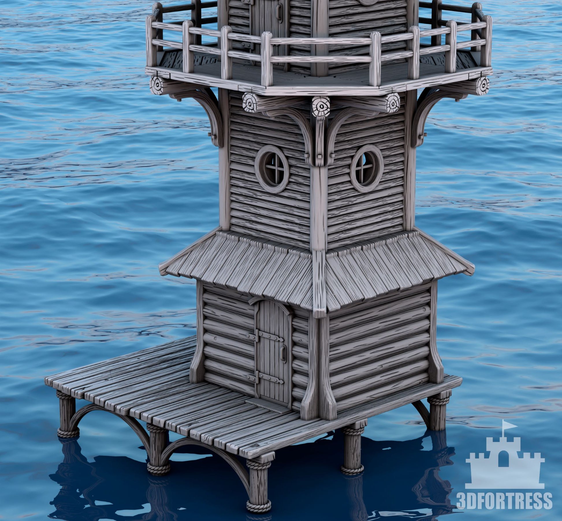 Lower level of a wooden lighthouse showing an entrance door, circular windows, and detailed wood textures on a platform over water.