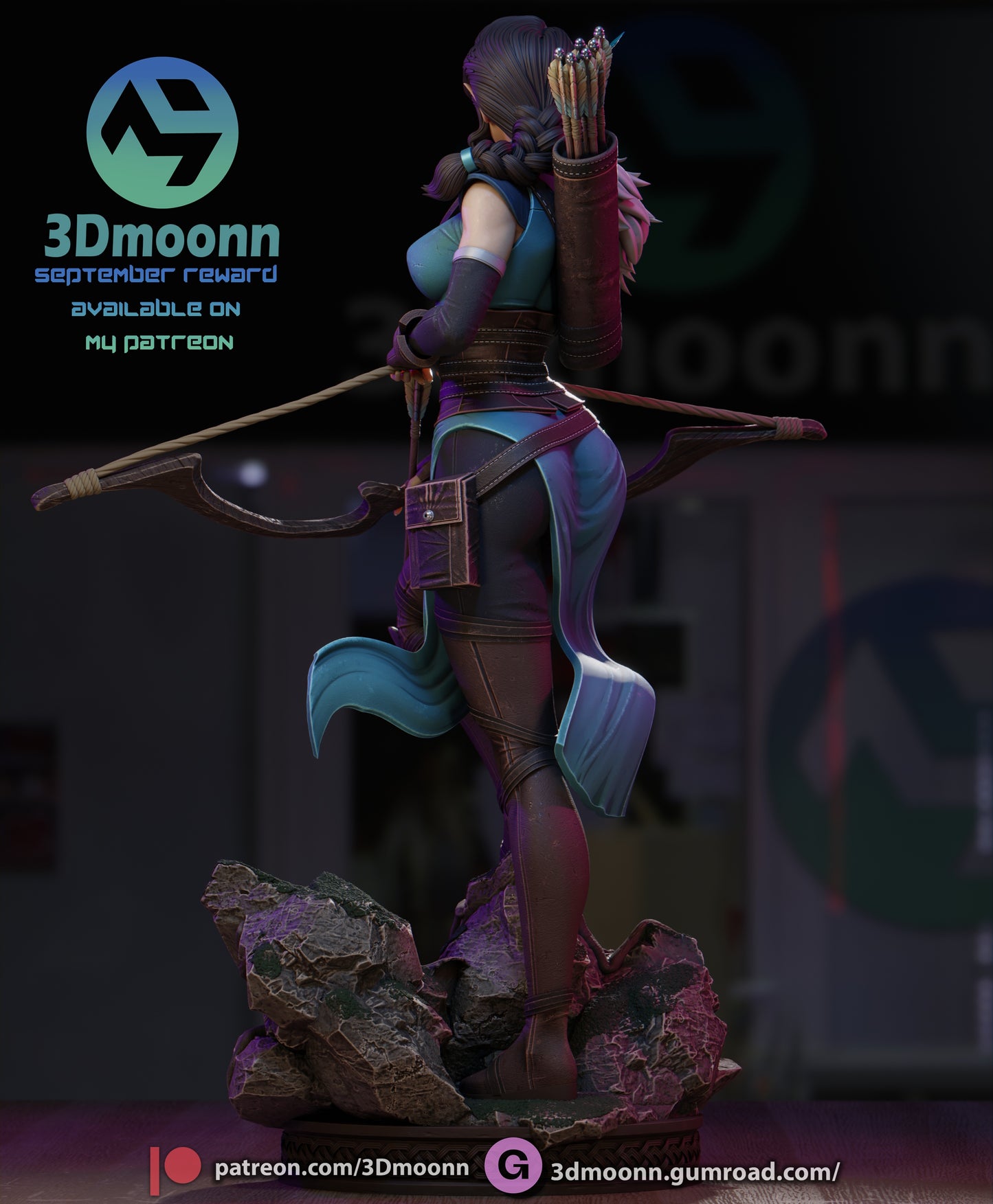 Vex'ahlia figurine rear view showing quiver of arrows, flowing cape and leather armor details