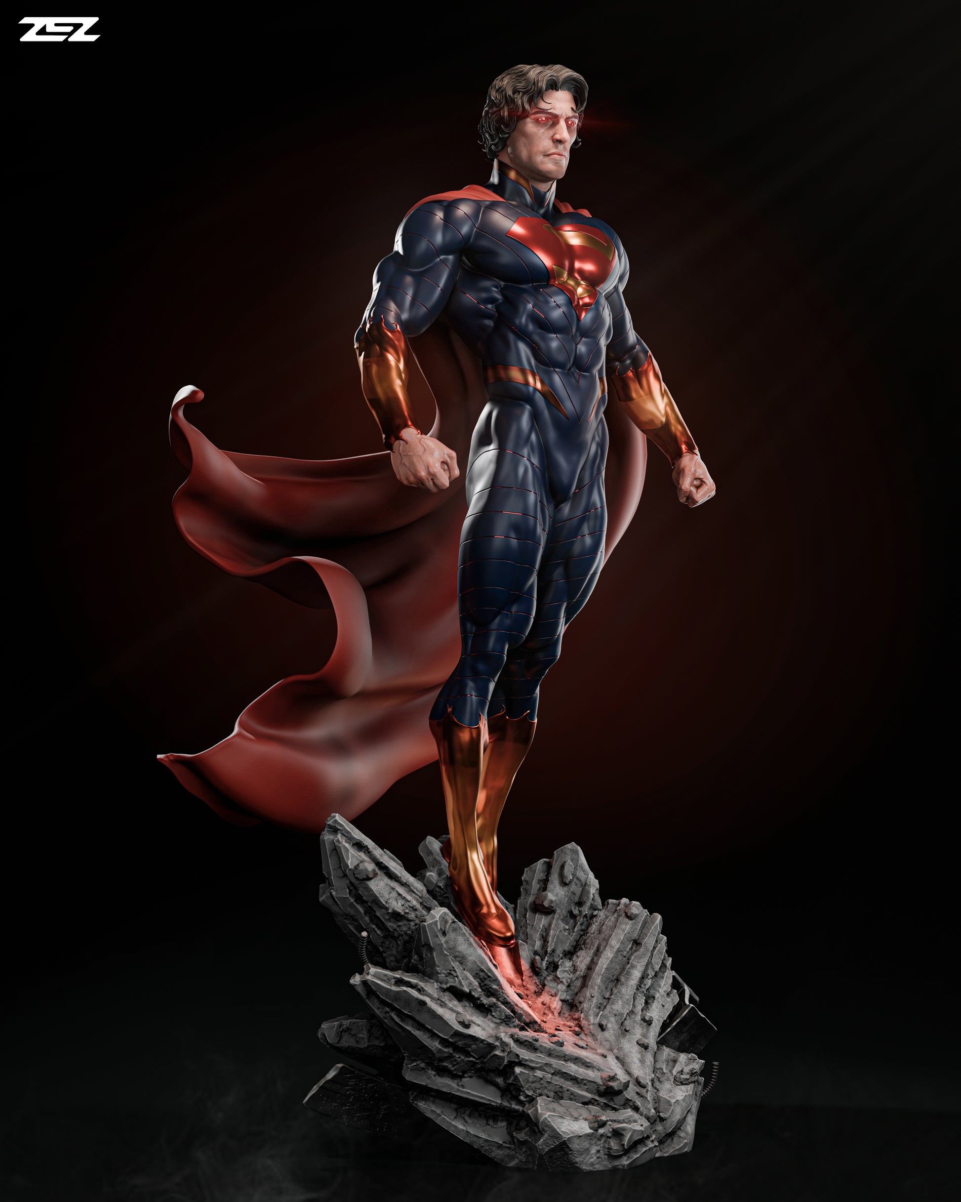 Absolute Superman standing in a commanding pose, his cape flowing as he hovers over a crumbling stone base.