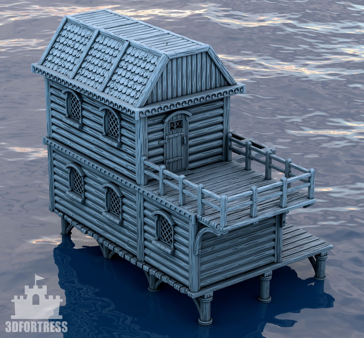 Side view of a 3D medieval coastal house with a wooden deck and upper floor balcony, perfect for tabletop RPG settings