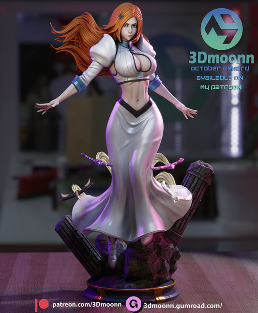 Orihime Bleach 1:6 scale figurine colored render with arms raised in defensive stance and long dress flowing