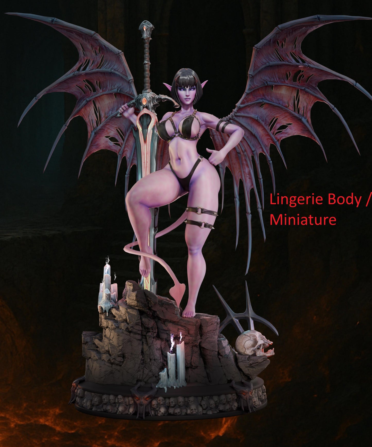 Nyx Flame in lingerie form, same pose and setting, with alternate head and outfit.

