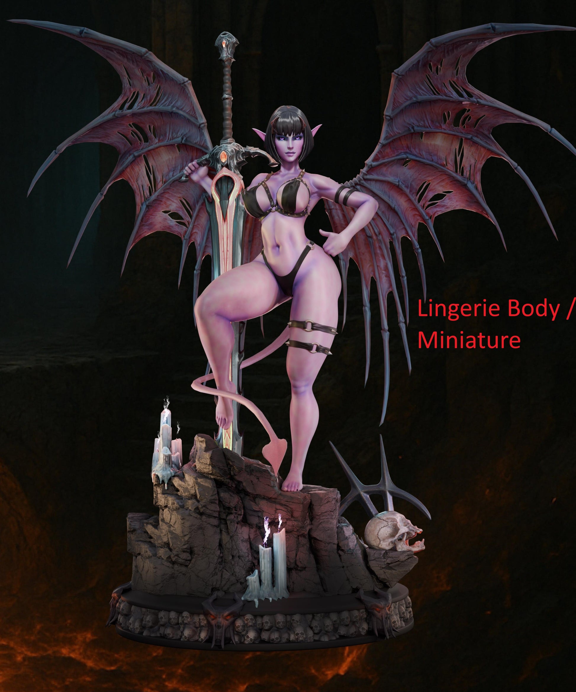Nyx Flame in lingerie form, same pose and setting, with alternate head and outfit.


