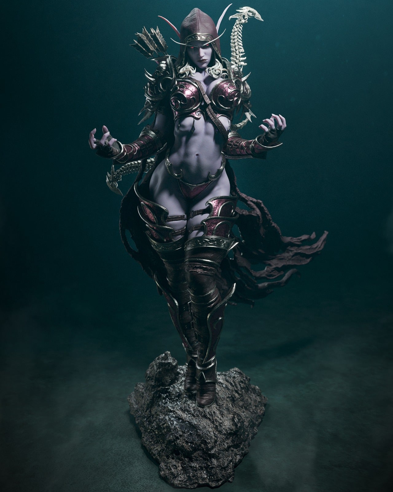 Sylvanas figurine standing on a rocky base, wearing elaborate armor with flowing elements.