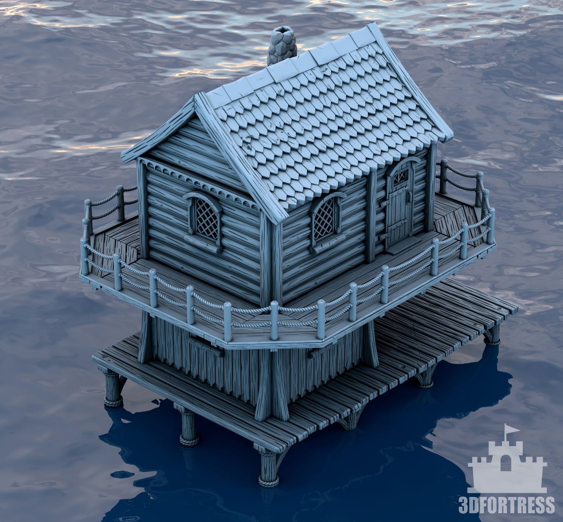 model of a two-story medieval coastal house with a wraparound balcony and stone chimney, viewed from a front angle.