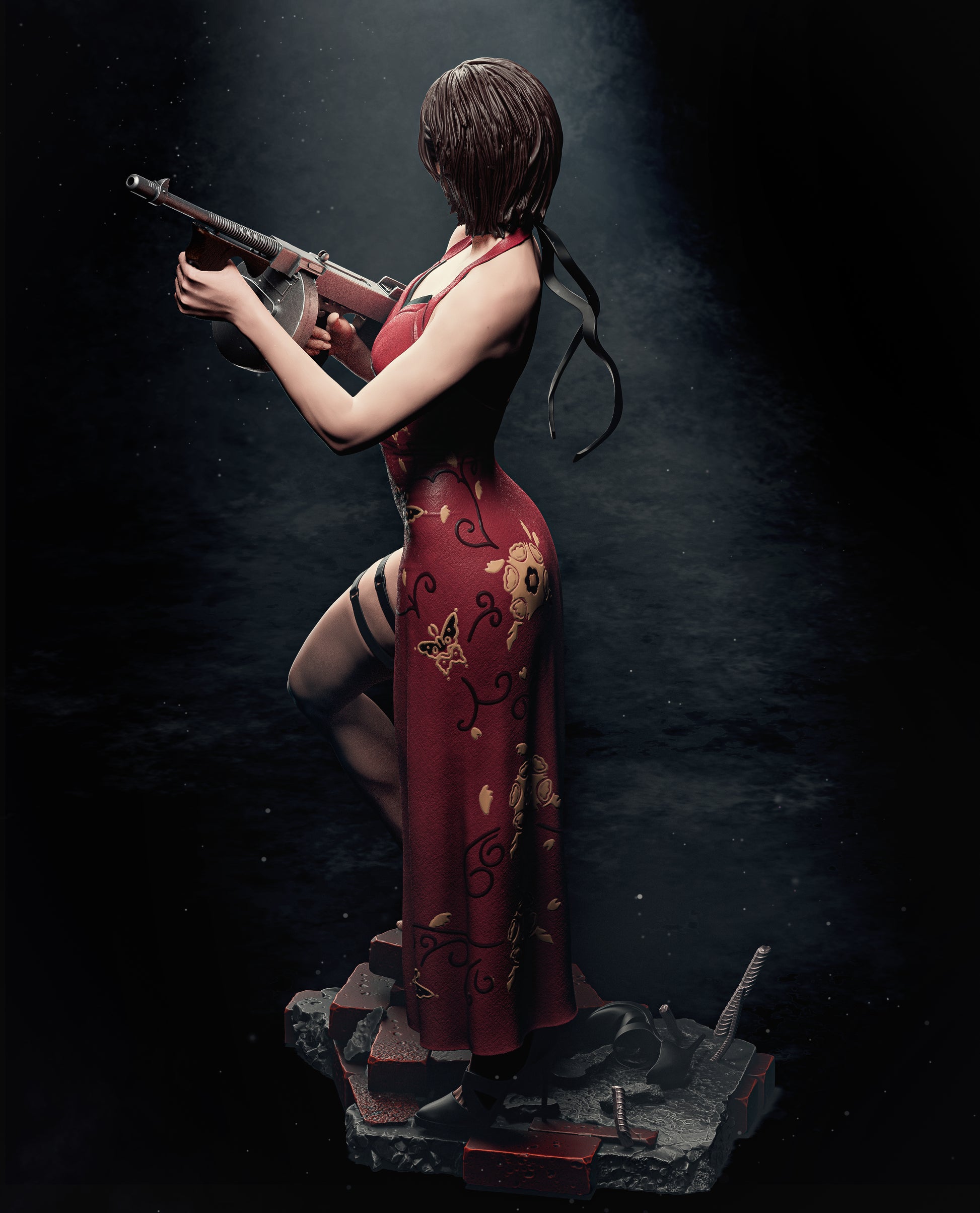 Ada Wong Resident Evil collectible figure standing on rubble base cinematic pose