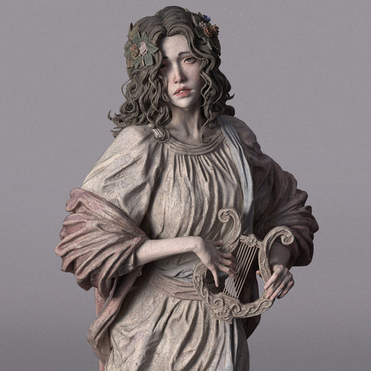 Bust view of Greek muse statue holding a lyre, with flowing hair and floral crown, ideal for 1:6 scale collectors and inspired by classical mythology.

