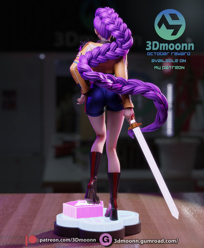 Rumi rear view – K-Pop Demon Hunters figure showing long braided hair and dynamic sword pose.