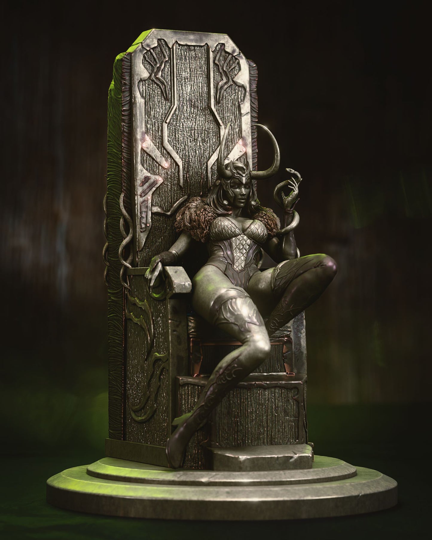 Full view of Lady Loki seated on a throne, her armor detailed, with a snake wrapped around her arm and horns crowning her head.