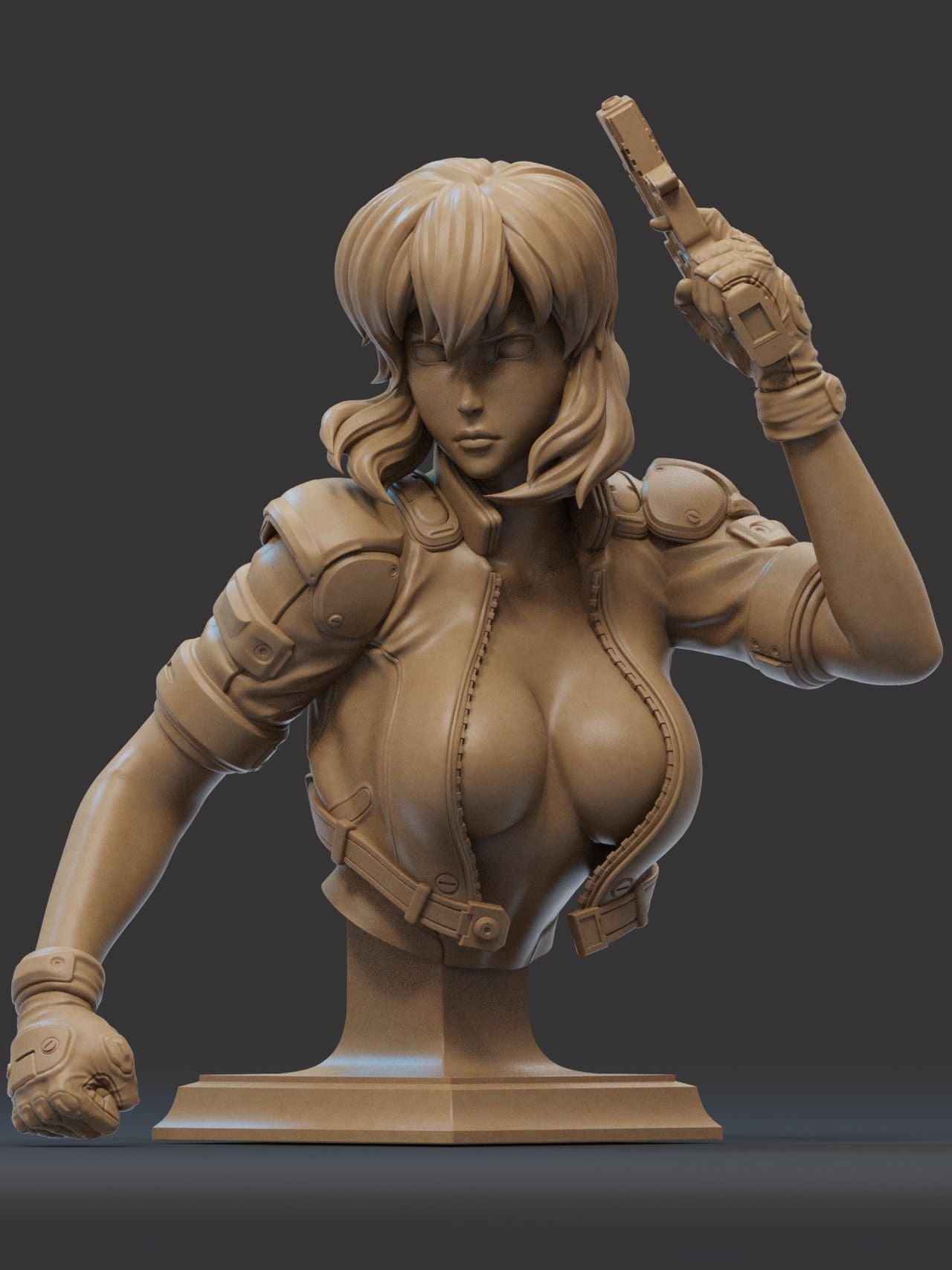 Motoko Kusanagi bust from Ghost in the Shell, shown holding a gun, wearing a jacket and armor.