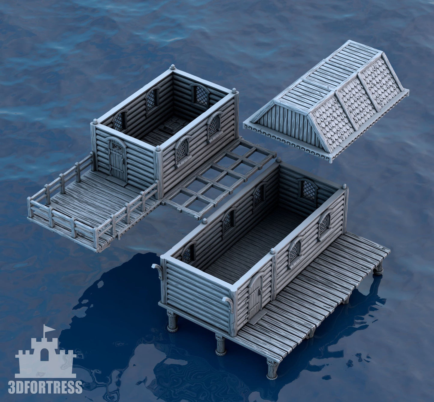 3D-rendered modular medieval coastal house showing separate floor components with wooden deck and detachable roof.