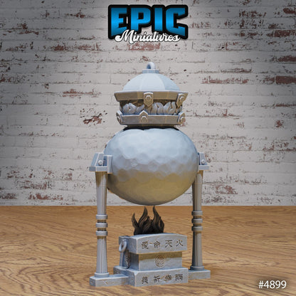 Rear view of an Eastern Temple Forge model, featuring a round forge with sculpted symbols and sturdy support pillars, set atop a decorative fire base, perfect for adding mysticism to tabletop RPG scenes.