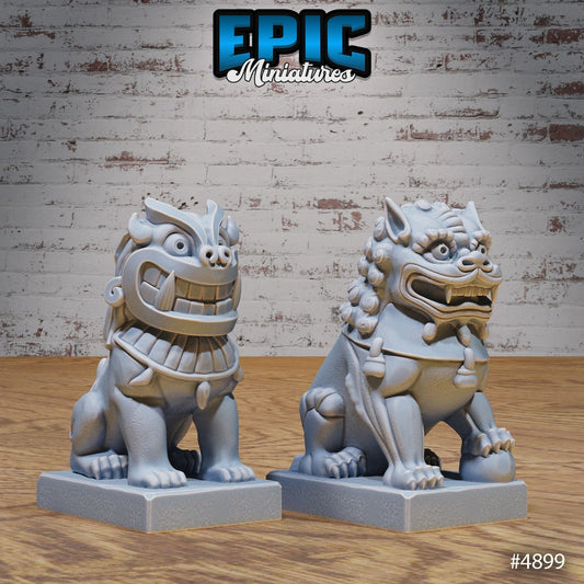 Two Fuu Statues, each with a unique and expressive face, standing as guardian figures for Eastern-themed or mystical TTRPG settings.