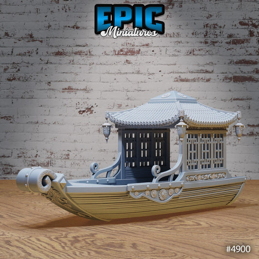 Eastern boat prop with ornate roof, detailed lattice windows, and side lanterns for TTRPG settings.