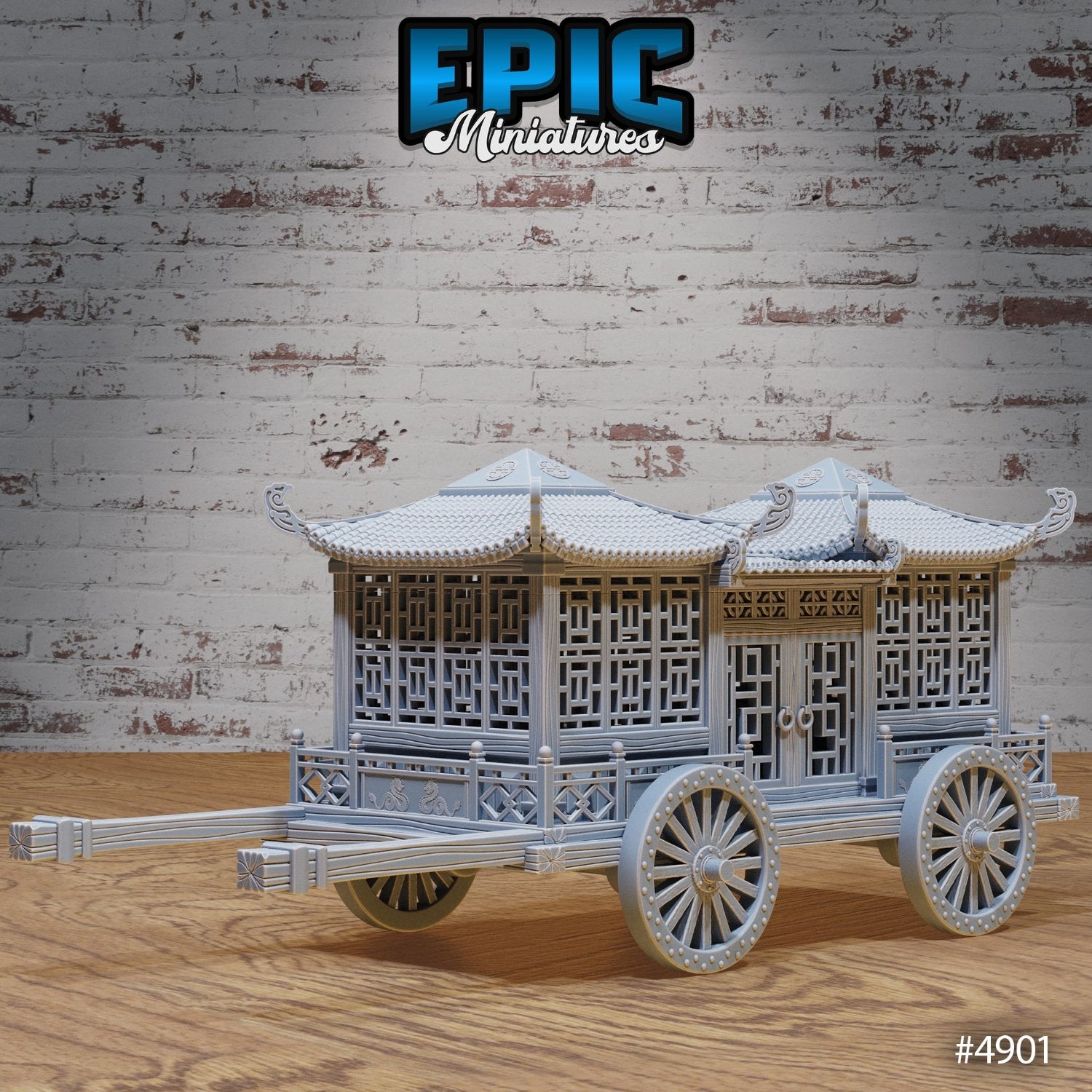 A detailed side view of an intricately designed noble carriage with ornate lattice windows and double-roofed structure, perfect for transporting aristocrats in style.