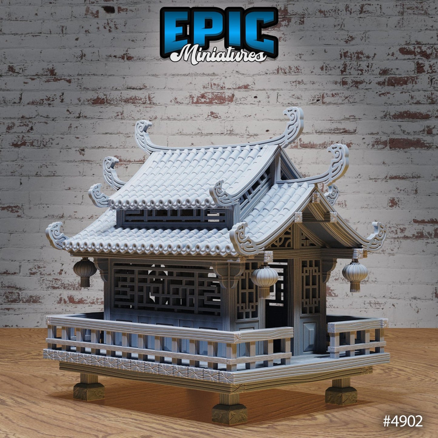 Miniature traditional Eastern house with a sloped roof, delicate lattice windows, and lanterns. Ideal for creating an exotic village scene in your tabletop adventures.