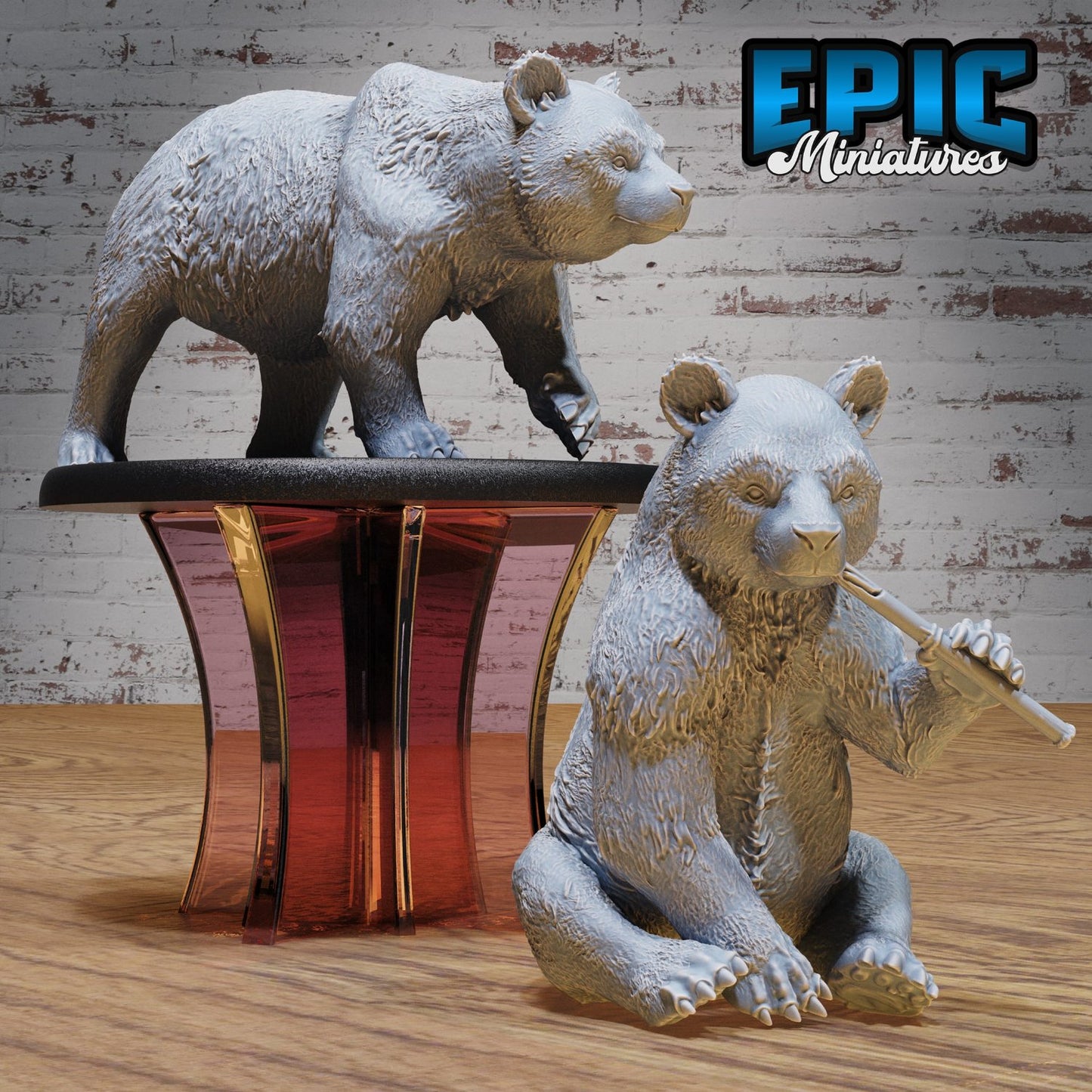 Pair of panda bear miniatures, one standing and one sitting with a flute, ideal for TTRPG or display.