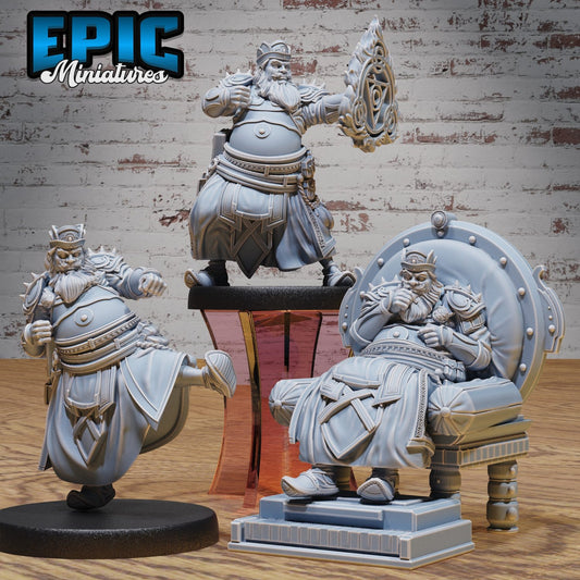 Three poses of the False Emperor character: performing a martial kick, holding a magical emblem, and seated on an ornate throne, showcasing his regal and powerful presence.