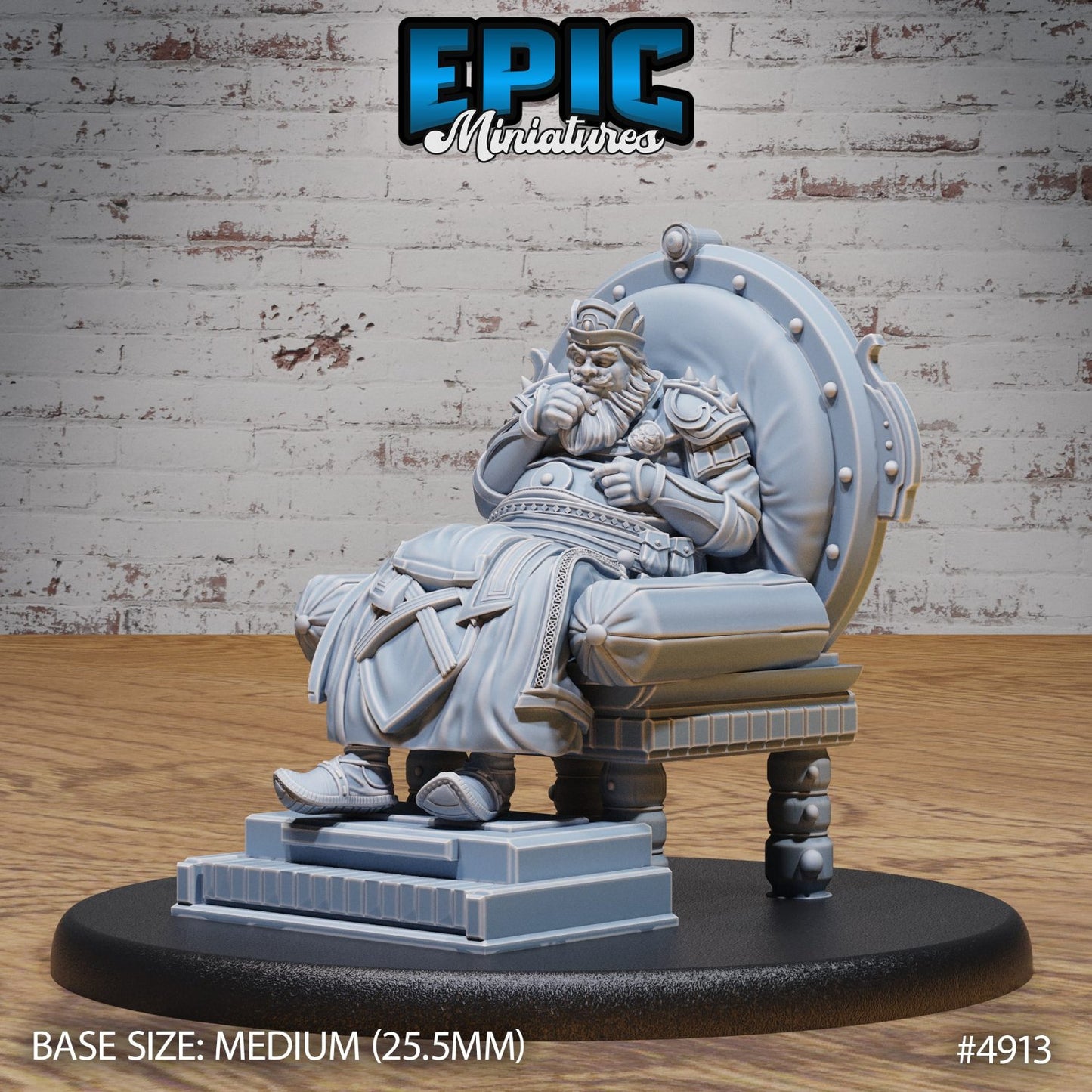 The False Emperor character seated on an ornate throne, wearing royal attire and exuding a commanding presence, ideal for roleplay in high-fantasy settings.