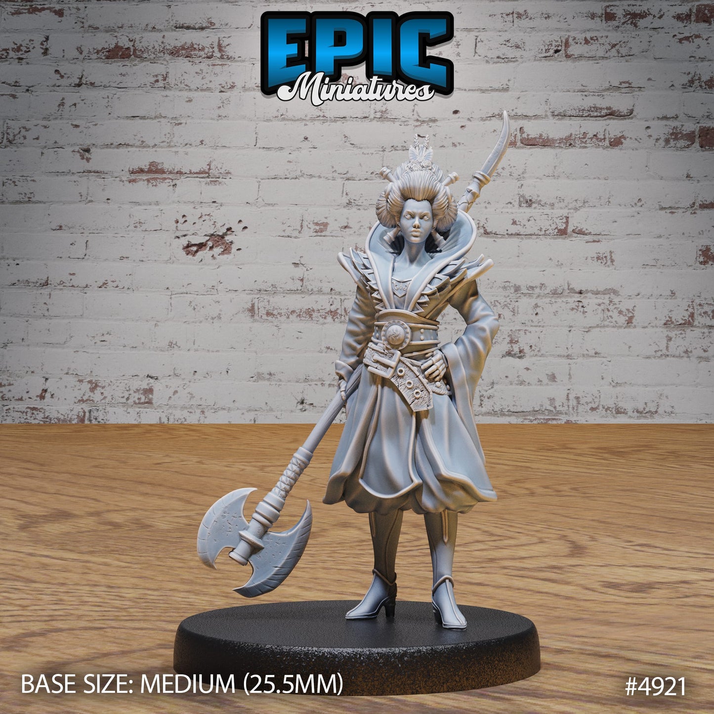 A regal Warrior Empress miniature in a poised stance, gripping a battle axe and exuding an aura of command. Perfect for any RPG setting that needs a touch of royalty and a hint of terror.