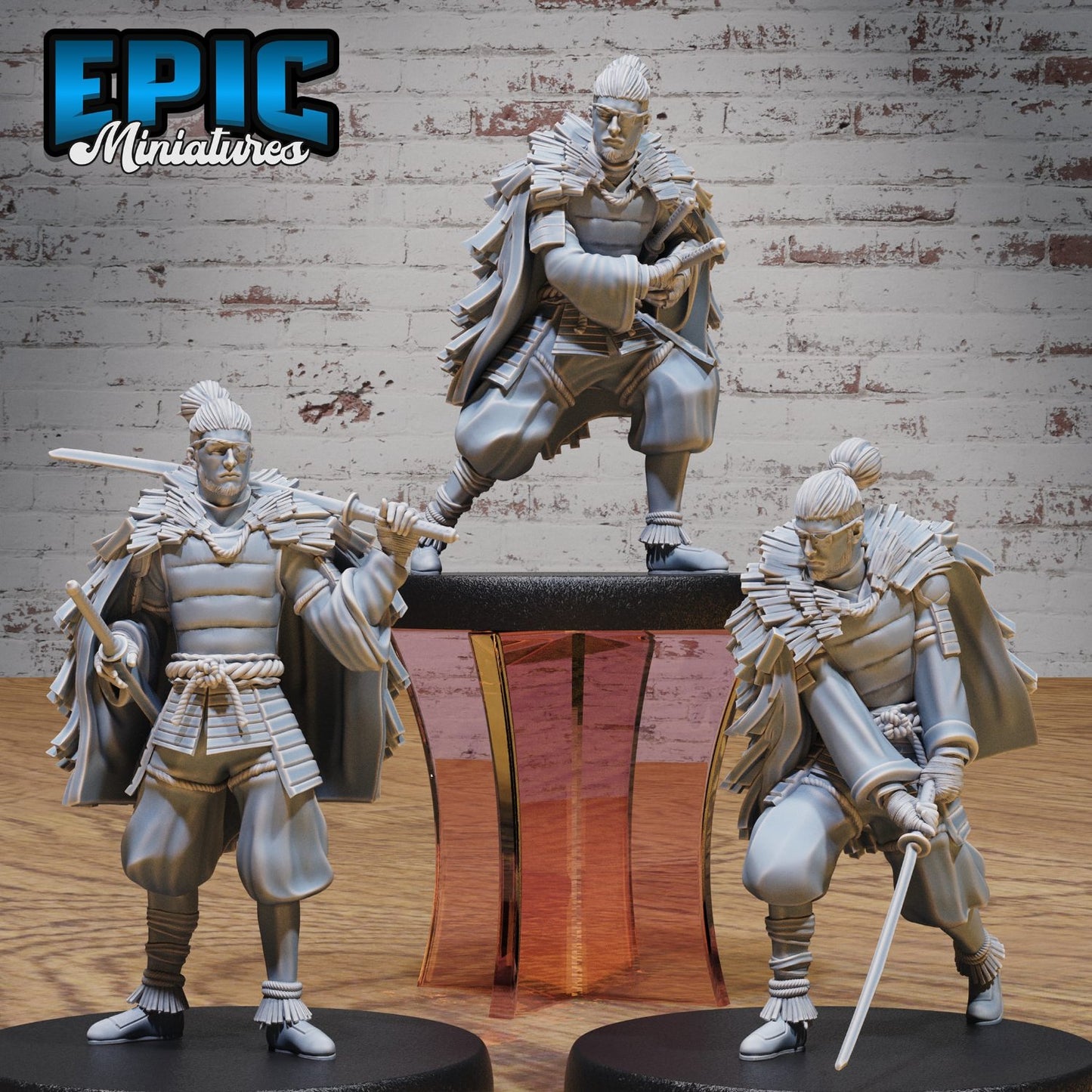 Trio of Legendary Ronin miniatures showcasing stances of calm, preparation, and full-blown action – the ultimate squad of honor, stealth, and 'guess who’s about to steal the scene.'