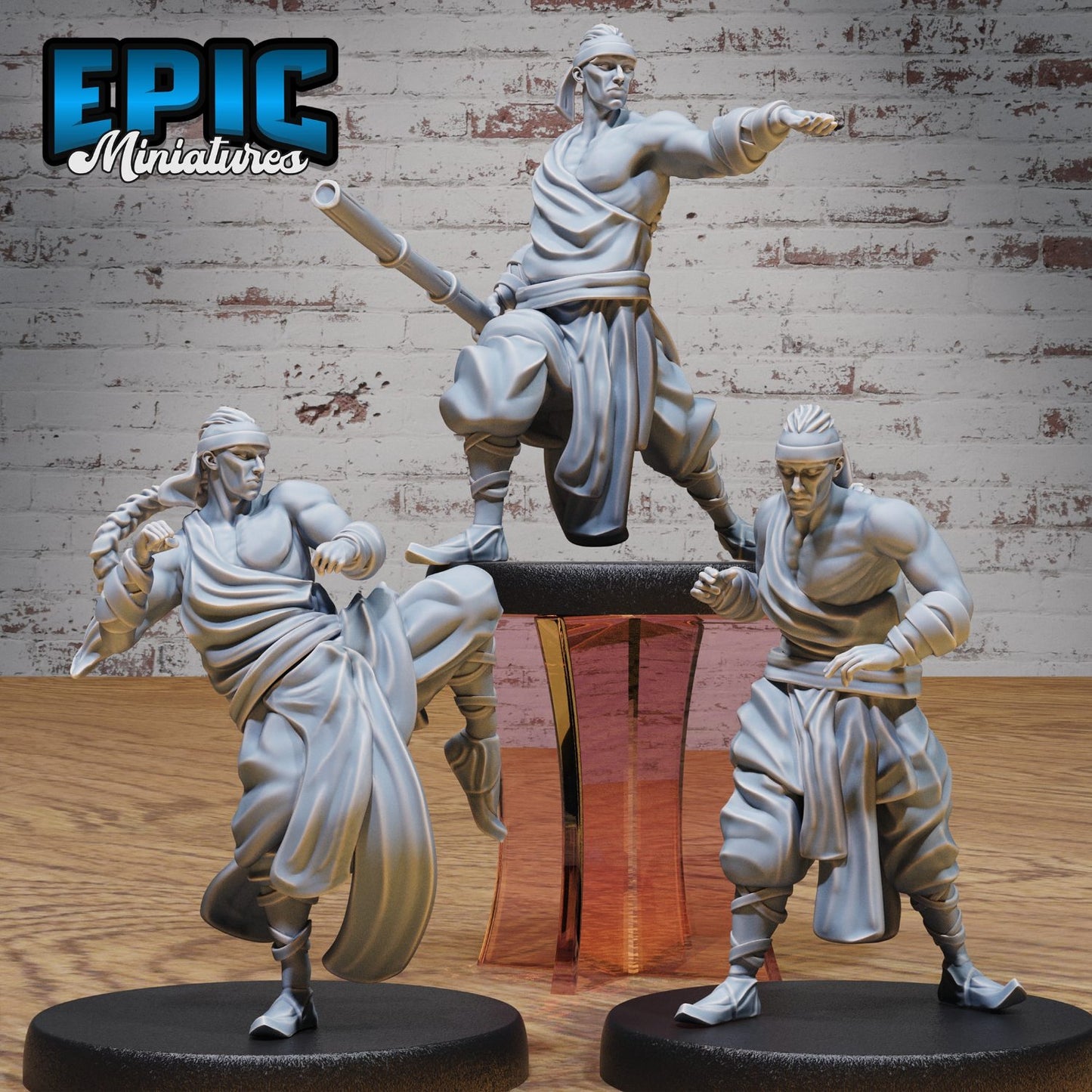 Collage of the Martial Arts Monk miniatures in various action poses: ready stance, high kick, and staff pointing. This monk isn’t just here for the combat—he’s here to look good while doing it in any TTRPG setting.