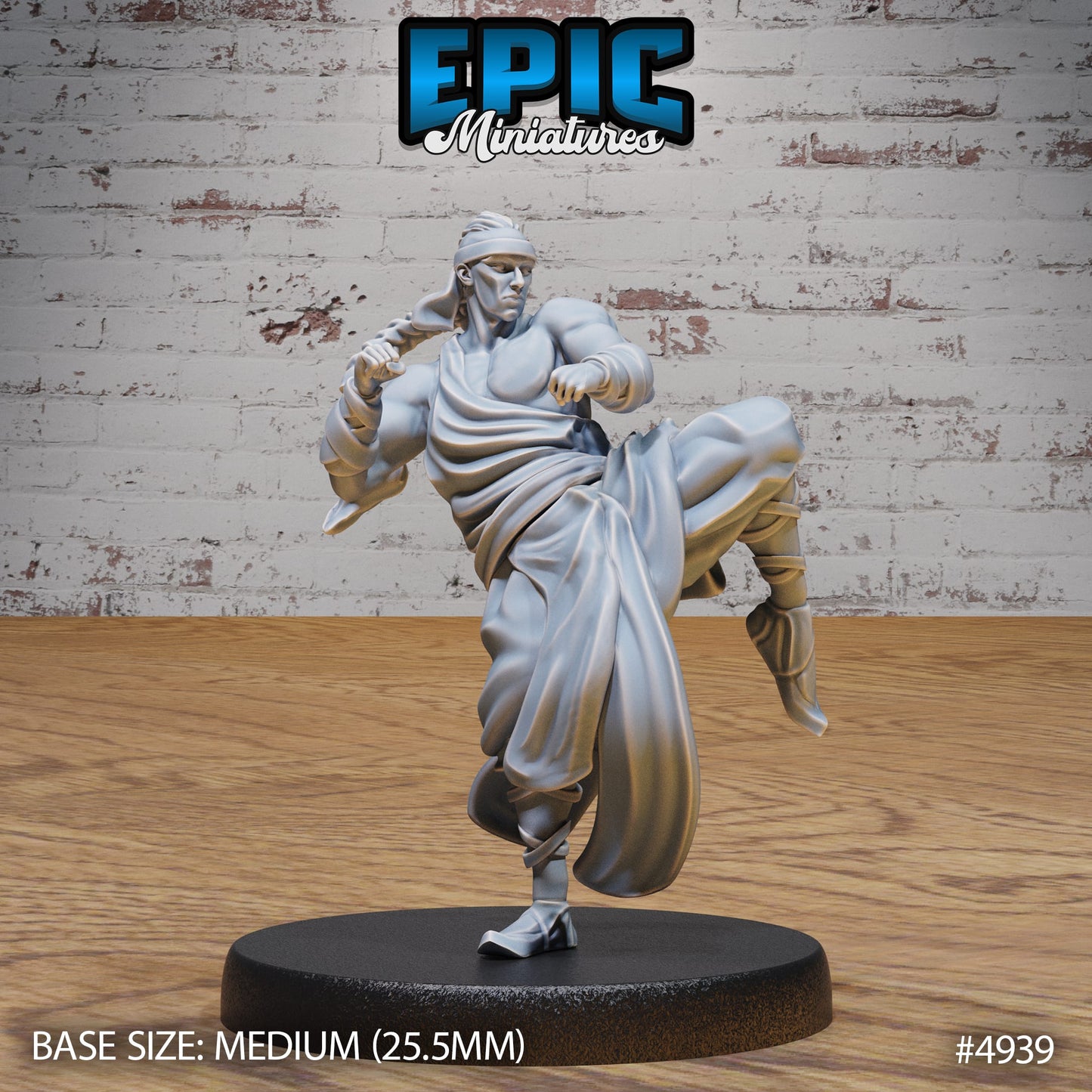 Martial Arts Monk miniature mid-kick, looking fierce yet somehow serene, as if balancing between high kicks and higher wisdom. A dynamic choice for D&D or Pathfinder adventurers.