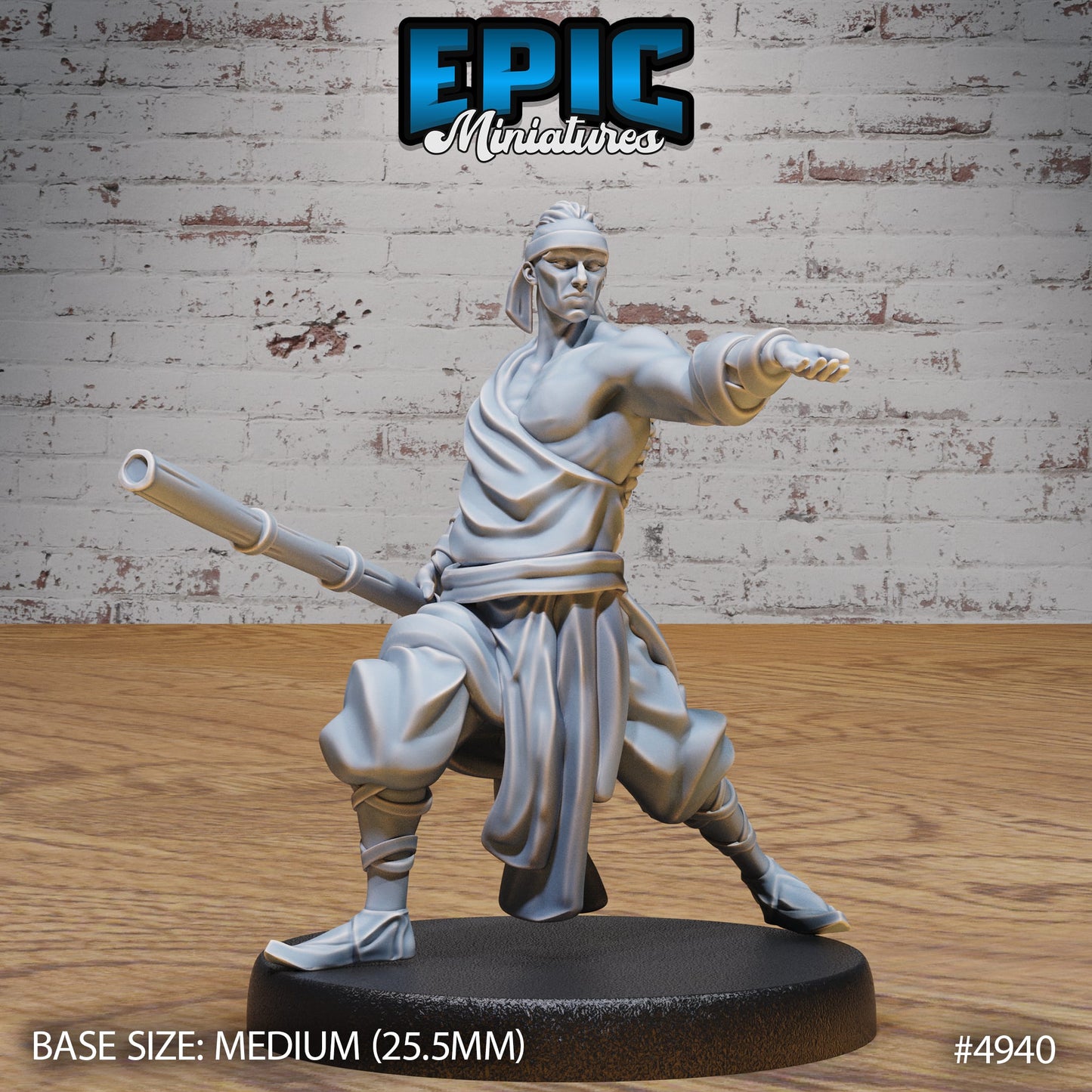 Martial Arts Monk miniature with a bo staff, pointing forward as if saying, 'Come at me, bro,' while maintaining perfect zen. Ideal for TTRPG players seeking a blend of challenge and calm.