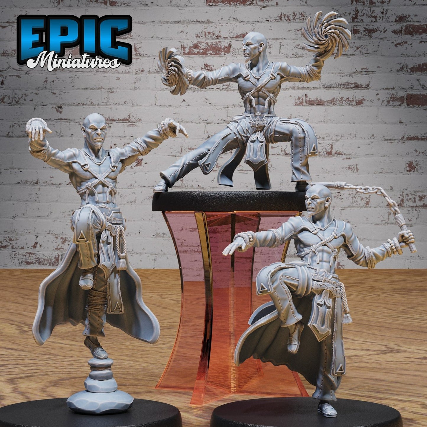 Monk Adventurer Male trio set, featuring poses with chi channeling, nunchuck wielding, and a precariously balanced stance; ready for a tabletop adventure in style and a dash of humor.