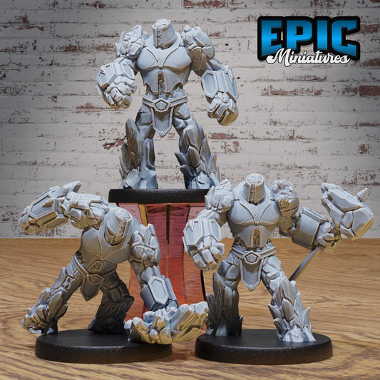 Group of Earth Myrmidons in various action poses with rock armor and weapons, highlighting their elemental nature.