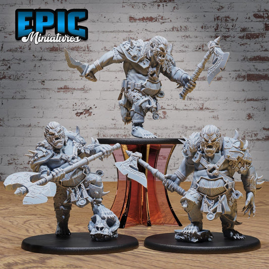 Group shot of three Bugbear Raiders, each in a distinct battle-ready pose with large axes and armor.